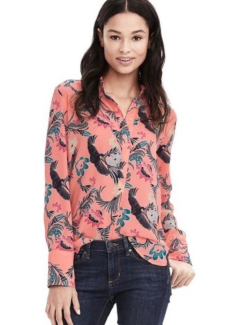 Banana Republic Bright Pink Bird Print Popover Blouse Size M